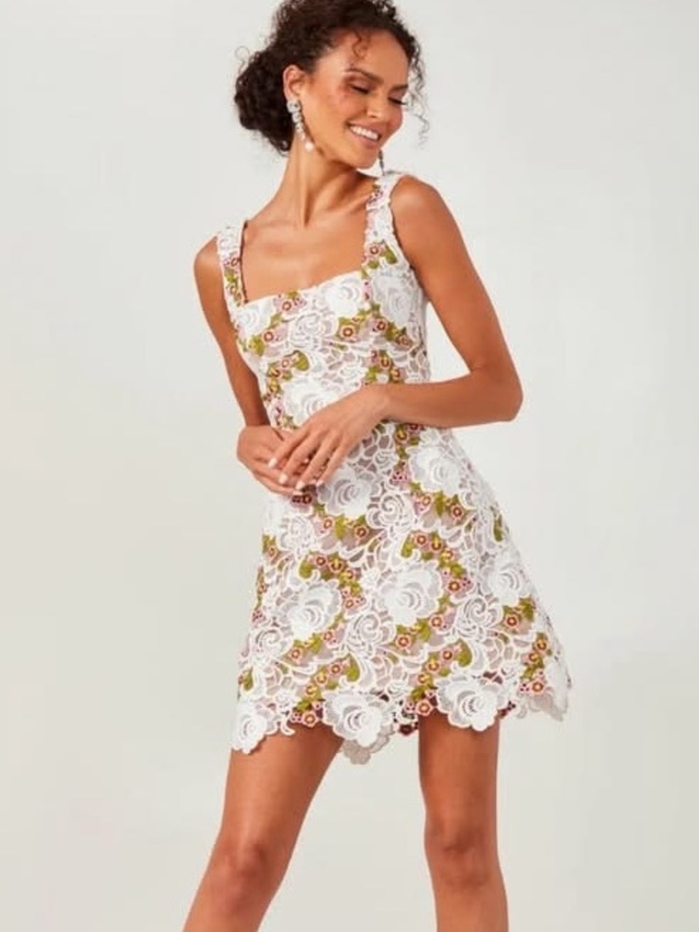White Floral Lace Mini Dress with Green Accents